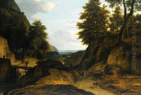 A Wooded Mountain Landscape With A Herdsman And His Cattle, A Traveler Crossing A Bridge Over A Stream Oil Painting by Roelant Roghman