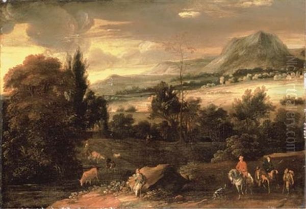 An Extensive Mountainous Landscape With Travellers On A Path And A Shepherd Resting By A River Oil Painting by Roelant Roghman