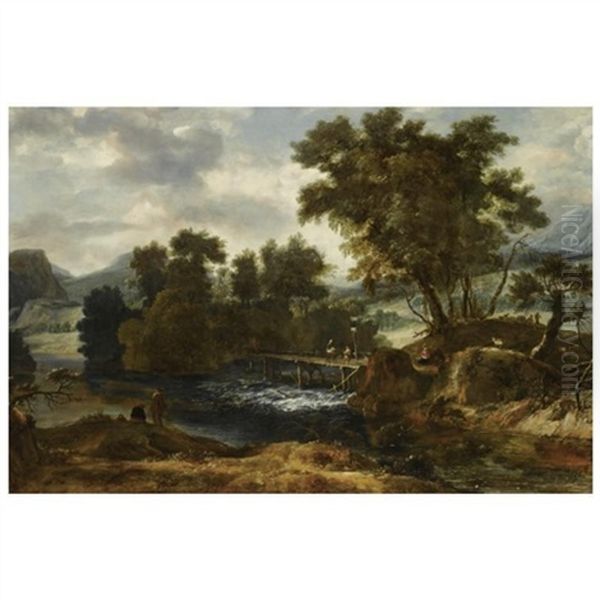 A River Landscape With Travellers Crossing A Wooden Bridge And Two Fishermen On The Nearside Riverbank Oil Painting by Roelant Roghman