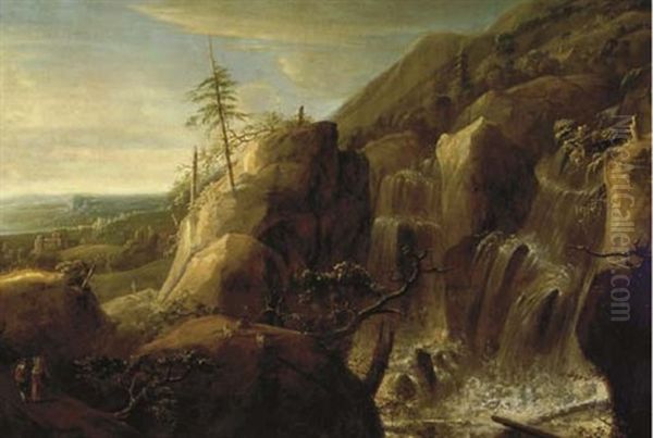 A Waterfall In An Extensive Mountainous Landscape Oil Painting by Roelant Roghman