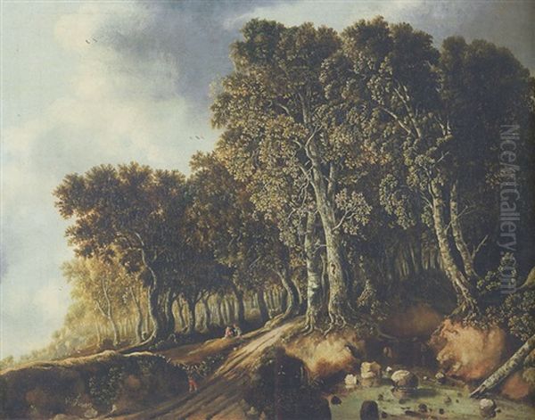 A Wooded Landscape With Travellers On A Path By A Pond Oil Painting by Roelant Roghman