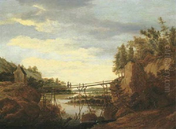 A Wooded River Landscape With Travellers Conversing On A Wooden Bridge, Others Resting Nearby Oil Painting by Roelant Roghman