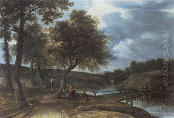 A River Landscape With Travellers On A Track And Anglers On A Bridge Oil Painting by Roelant Roghman