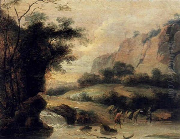 Gebirgige Fluslandschaft Mit Einem Wasserfall Und Einer Furt Oil Painting by Roelant Roghman