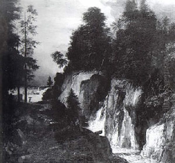 Extensive Rocky Landscape With A Waterfall Oil Painting by Roelant Roghman