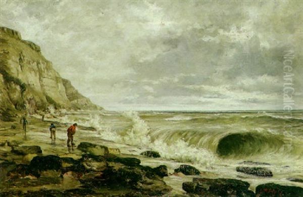 A Coastal Scene With Waves Breaking And Figures On The Shore Oil Painting by Jean Marius Rogier