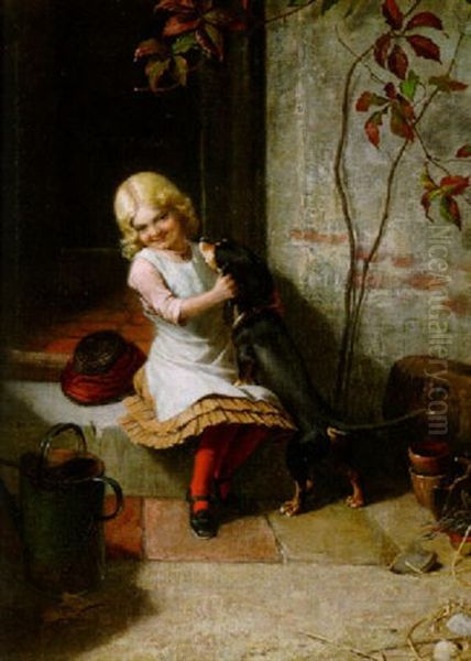 Kleines Madchen Spielt Mit Ihrem Dackel An Der Hoftur Oil Painting by Carl Rohde