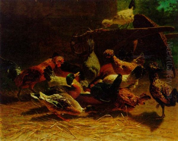 Chickens And Ducks In A Farmyard Oil Painting by Carl Rohde