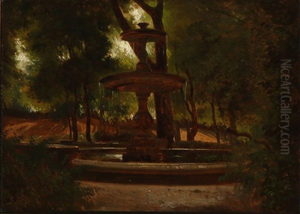 A Fountain In An Overgrown Park Oil Painting by Frederik Niels Martin Rohde