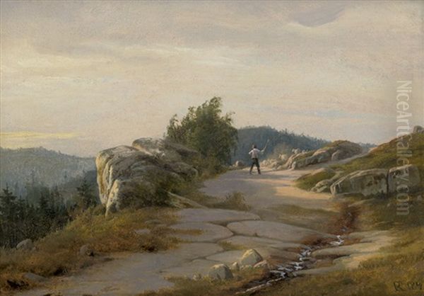 Hirtenknabe Mit Seiner Herde In Den Bergen In Blekinge In Sudschweden Oil Painting by Frederik Niels Martin Rohde