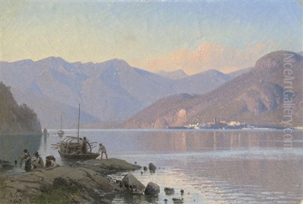 Abendstimmung Am Lago Di Garda Mit Fischern Oil Painting by Frederik Niels Martin Rohde