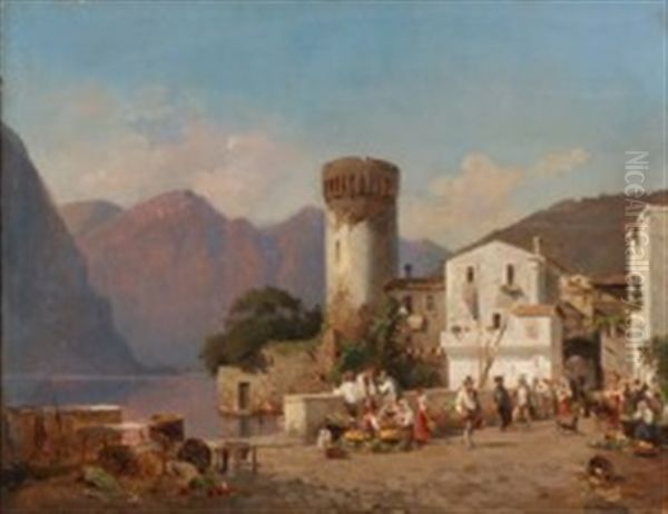 Scene From An Italian Mountain Village Oil Painting by Frederik Niels Martin Rohde