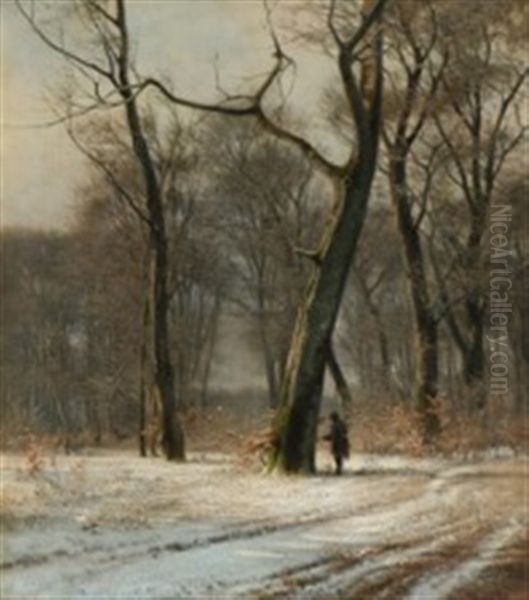 A Winter Scenery With A Hunter Looking At Two Deers Oil Painting by Frederik Niels Martin Rohde