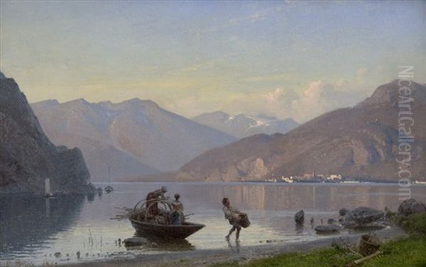 Abendstimmung Am Lago Di Garda Mit Reisig Sammelnden Bauern Oil Painting by Frederik Niels Martin Rohde