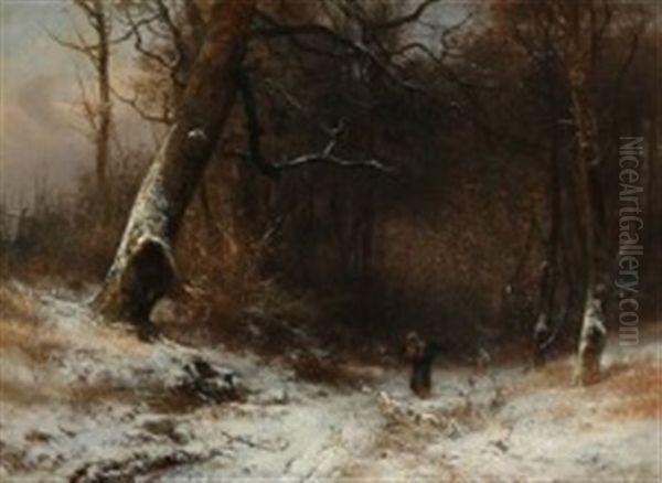 A Woman Gathering Firewood In A Snowy Forest Oil Painting by Frederik Niels Martin Rohde