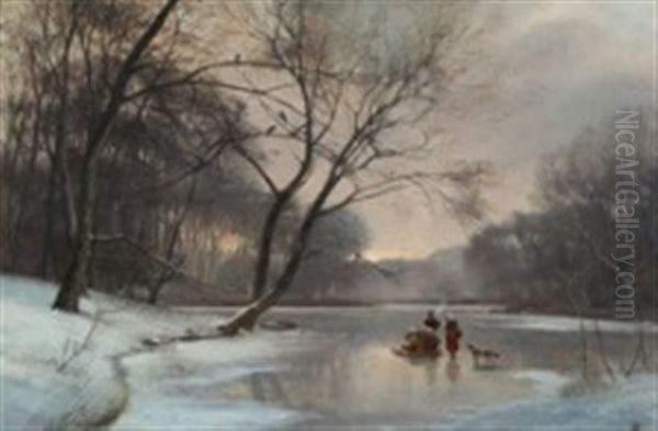 Winter Scenery With Persons On A Frozen Forest Lake Oil Painting by Frederik Niels Martin Rohde