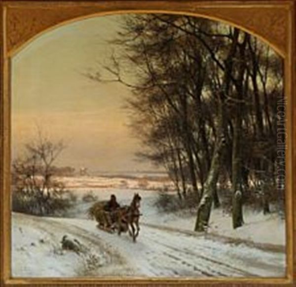 A Winter Landscape With A Farmer On His Sleigh Oil Painting by Frederik Niels Martin Rohde