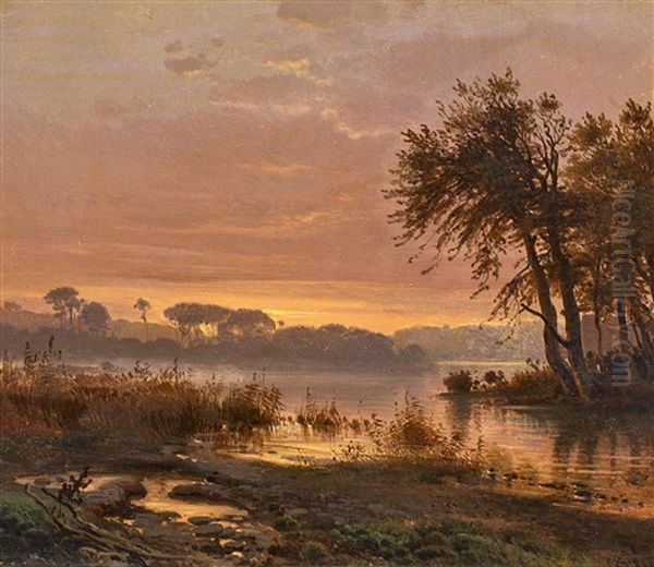 Flusslandschaft Im Abendlicht Oil Painting by Frederik Niels Martin Rohde