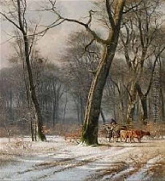 Forest Scene With People Collecting Firewood Oil Painting by Frederik Niels Martin Rohde