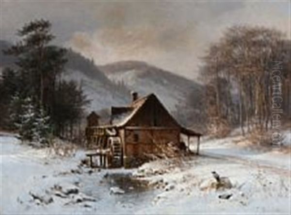 A Winter Day Near An Old Watermill Oil Painting by Frederik Niels Martin Rohde