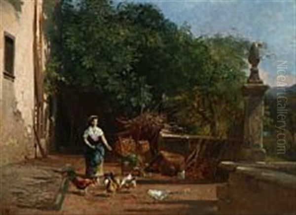 An Italian Lady Is Feeding The Hens Oil Painting by Frederik Niels Martin Rohde