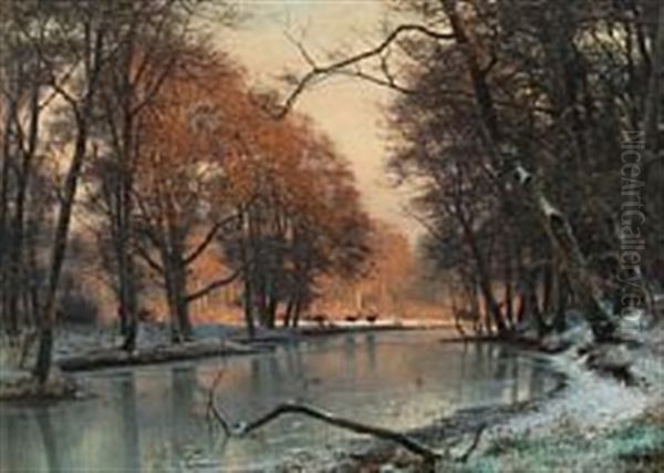 Winter Landscape With Deer By A Lake Oil Painting by Frederik Niels Martin Rohde