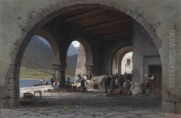 A Busy Market Day By The Lake, Presumably In Ascona, Switzerland Oil Painting by Frederik Niels Martin Rohde