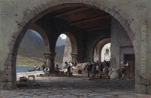 A Busy Market Day By The Lake, Presumably In Ascona, Switzerland Oil Painting by Frederik Niels Martin Rohde