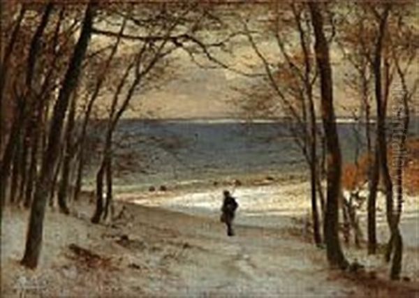 A Walking Hunter In A Snowy Landscape With A Fiord In The Background Oil Painting by Frederik Niels Martin Rohde