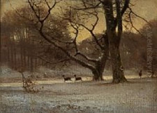 Winter Day In The Deer Garden, Denmark Oil Painting by Frederik Niels Martin Rohde