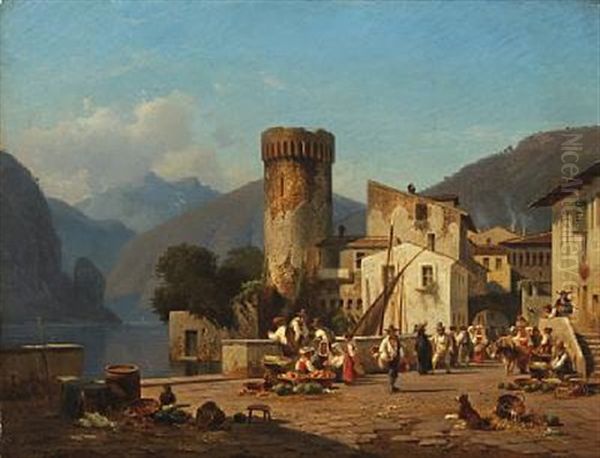 Street Life In A Village At A Lake In Northern Italy Oil Painting by Frederik Niels Martin Rohde