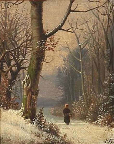 Snowy Forest Road With A Woman Oil Painting by Frederik Niels Martin Rohde