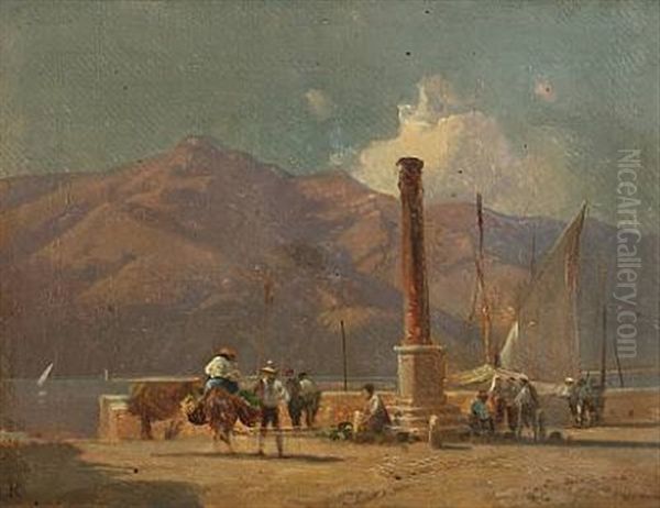 Scenery From Lake Garda With People By A Column Oil Painting by Frederik Niels Martin Rohde