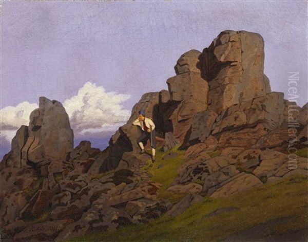 Mountain Landscape With Huntsman Oil Painting by Frederik Niels Martin Rohde