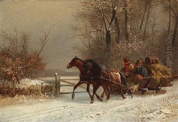 A Horse Sledge In A Winter Landscape Oil Painting by Frederik Niels Martin Rohde