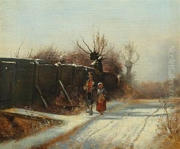 Winterscape With Persons Walking Along A Fence by Frederik Niels Martin Rohde