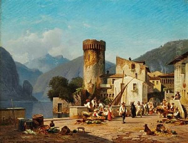 Street Life In A Village At A Lake In Northern Italy Oil Painting by Frederik Niels Martin Rohde