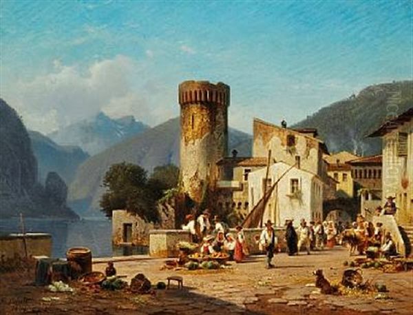 Street Life In A Village At A Lake In Northern Italy Oil Painting by Frederik Niels Martin Rohde