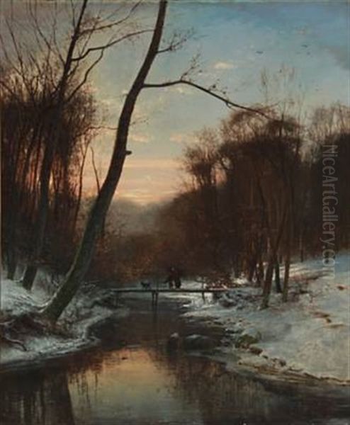 Winter Day In The Woods With A Woman And A Child Carrying Firewood Oil Painting by Frederik Niels Martin Rohde