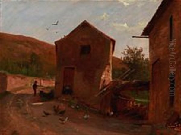 Southern Landscape With A Pair Of Houses Near A Road Oil Painting by Frederik Niels Martin Rohde