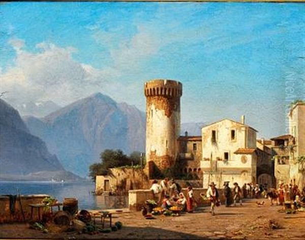 View Of A Town At A Lake Surrounded By Mountains, Northern Italy Oil Painting by Frederik Niels Martin Rohde