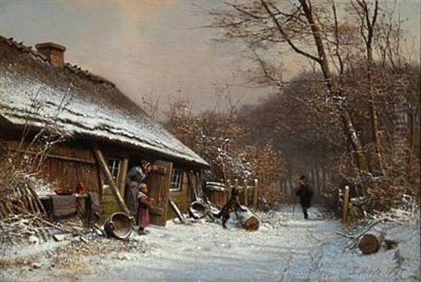 Winter Day In The Woods. A Visitor Is Being Welcomed By A Family In A Thatched House by Frederik Niels Martin Rohde