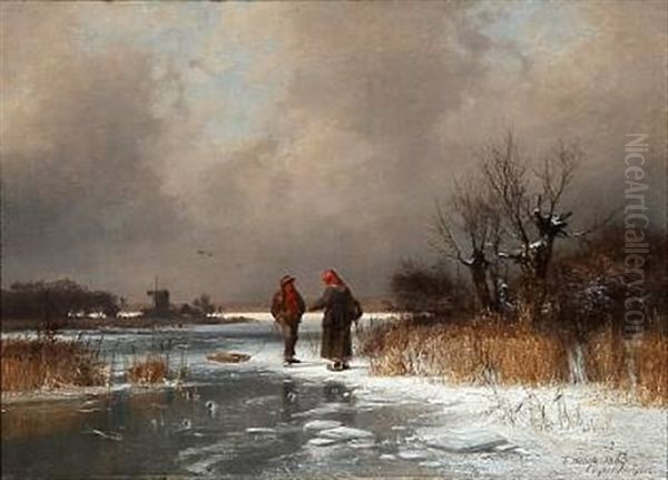 A Talk On A Frozen Lake Oil Painting by Frederik Niels Martin Rohde