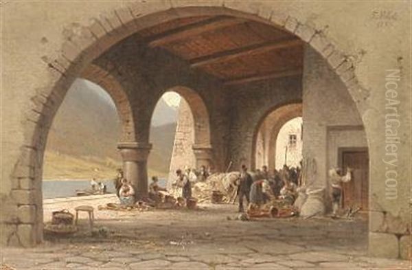 A Busy Market Day By The Lake (in Ascona?) Oil Painting by Frederik Niels Martin Rohde