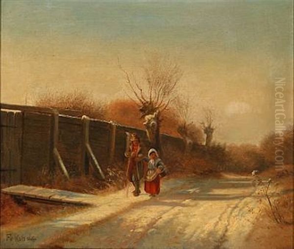 Winter Landscape With A Couple On A Country Road Oil Painting by Frederik Niels Martin Rohde