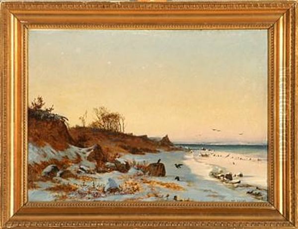 Crows On The Beach On A Sunny Winter Day Oil Painting by Frederik Niels Martin Rohde