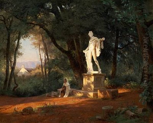 A Fatigued Wanderer Is Taking A Rest In The Shadow Of The Statue Of Apollo Belvedere In A Park Near Florence Oil Painting by Frederik Niels Martin Rohde