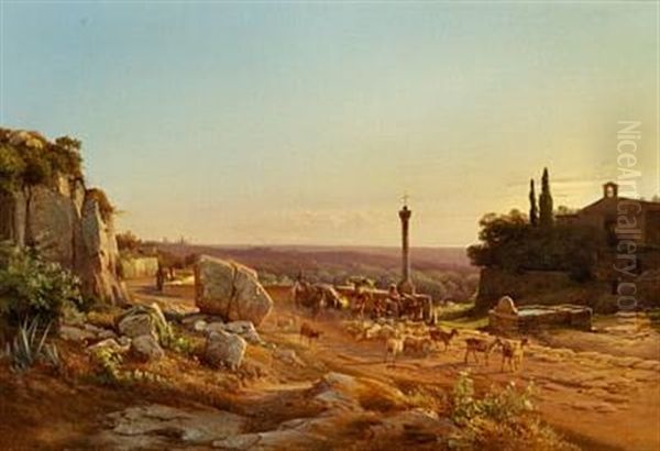 Italian Landscape With A Shepherd In The Mountains, At Sunset Oil Painting by Frederik Niels Martin Rohde