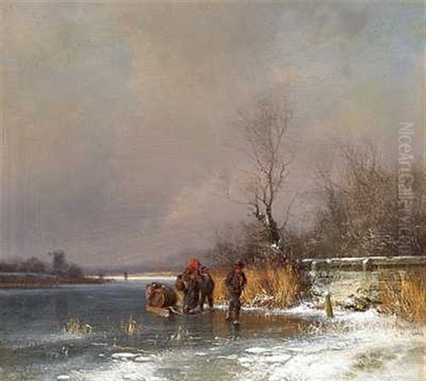 Vinterlandskab Med Personer Pa En Tilfrosset So Oil Painting by Frederik Niels Martin Rohde