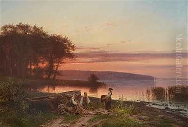 En Fisker Og To Piger Ved En So Efter Solnedgang Oil Painting by Frederik Niels Martin Rohde